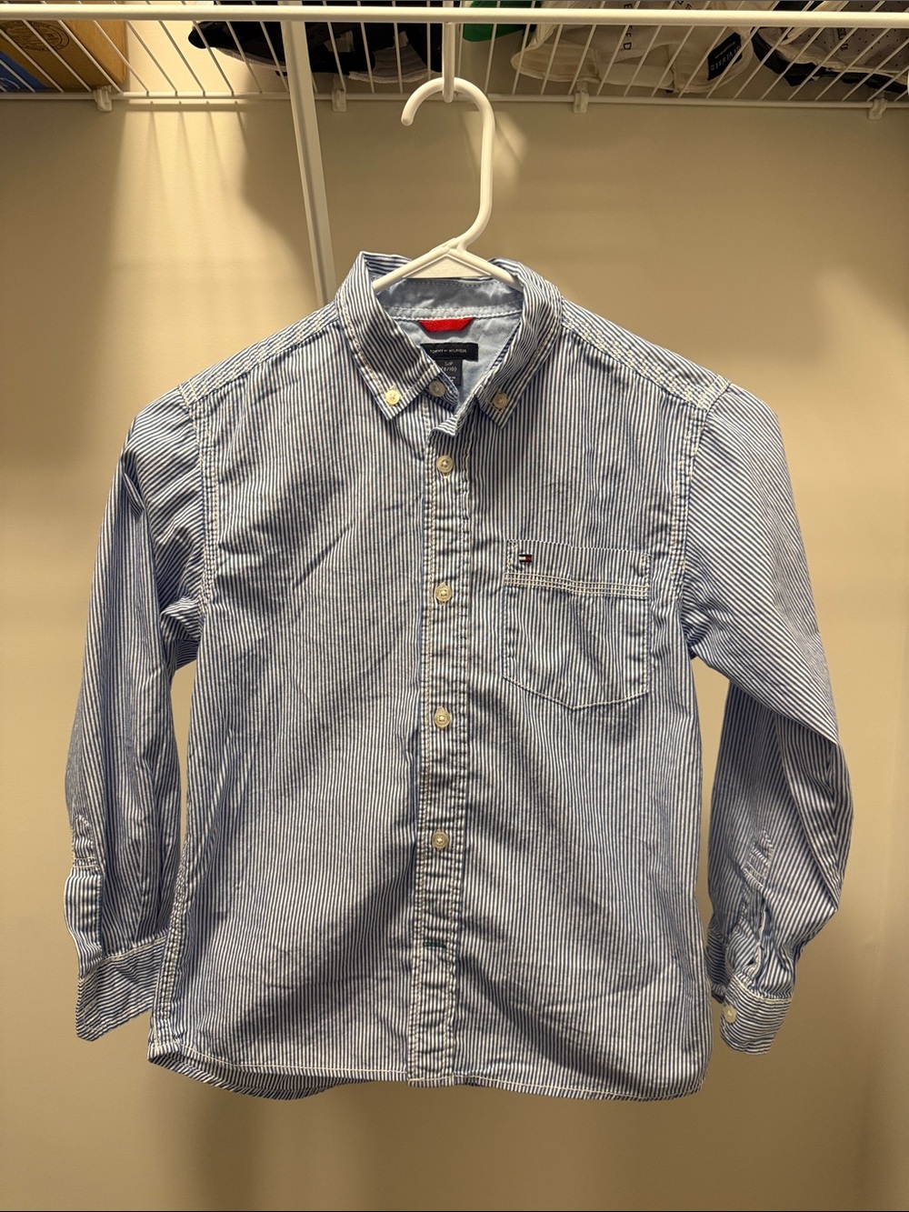 Boys Sz S (8-10) Tommy Hilfiger Blue and White Pinstripe Button-Down Shirt